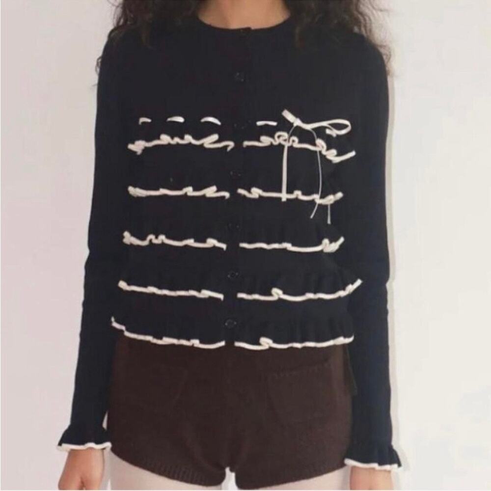 LISA SAYS GAH Minnie Bow Ribbon Cardigan Sweater Black White XS Small